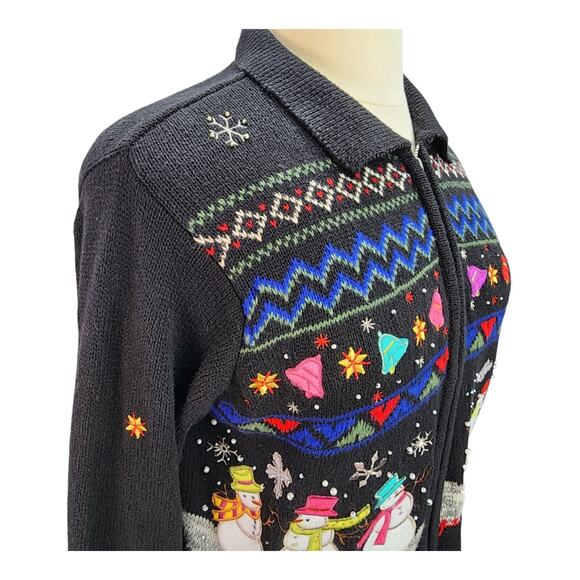 Designers Originals Studio Sweater Women’s LARGE Christmas Black Snowman Holiday - Picture 6 of 16